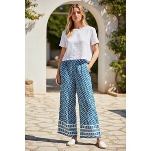 Soft Surroundings Narah Palazzo Pants Blue White Geometric Cotton Womens Large